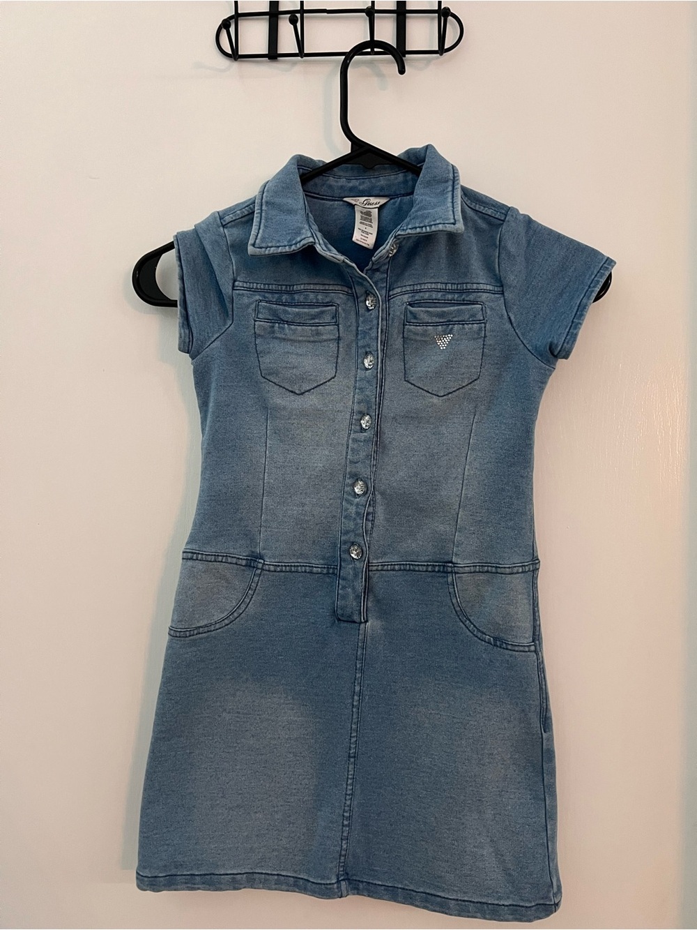 Guess Kids Denim Look Shirt Dress Size 8 Light Wash Stretch Button Front